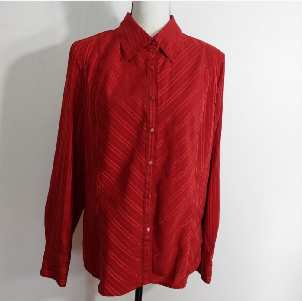 East 5th Red Metallic Diagonal Stripes Button Front Blouse Size XL - Picture 1 of 11